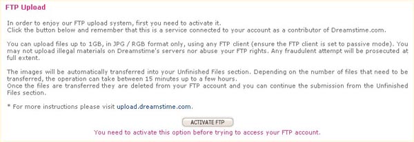 Активирование FTP на Dreamstime.com